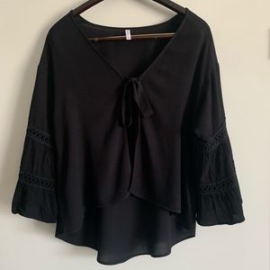 Black Long Sleeve Lace Panel Knot Top